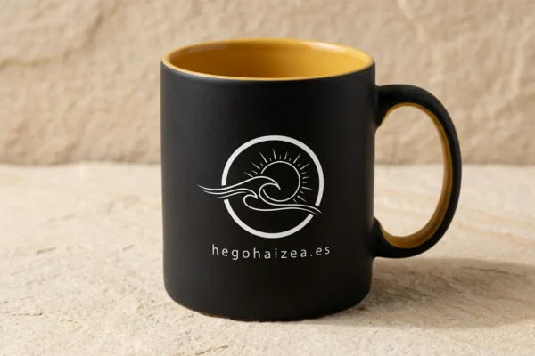 Taza hegohaizea negra mate interior mostaza — logo sol y ola — hegohaizea.es